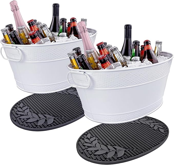 BREKX Galvanized Drinks Tubs with Insulated Bar Mats (Set of 2 tubs + 2 Bar Mats) - Wine and Beer Drip-Proof Party Tubs