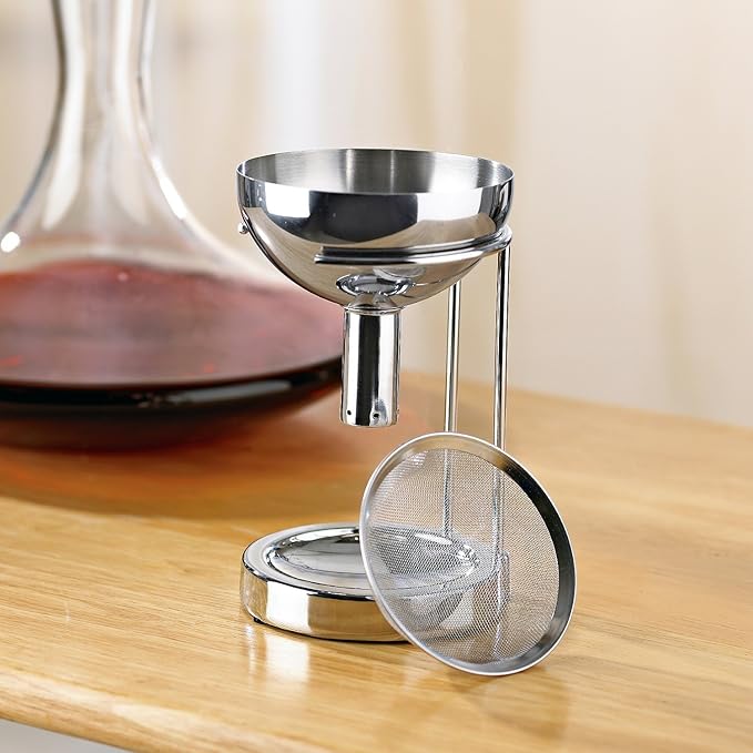 Wine Enthusiast Aerating Funnel w/Removable Screen & Stand – Premium Stainless Steel Wine Filter for Mess Free Pouring