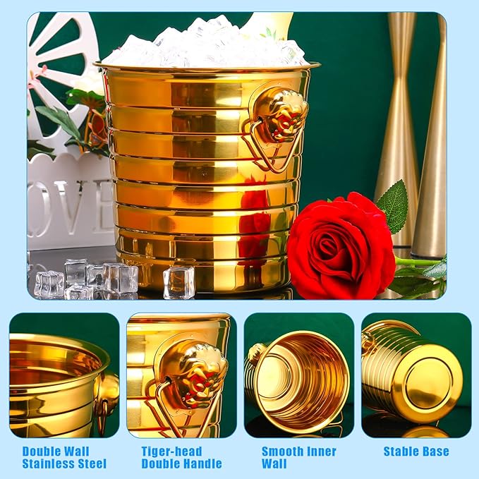 Pinkunn 3 Pack Stainless Steel Champagne Bucket 3 Qt Metal Ice Bucket Double Wall Wine Buckets with Handles Party Beverage Chiller for Champagne Beer Cocktail Wine Drinks Home Bar Accessories (Gold)