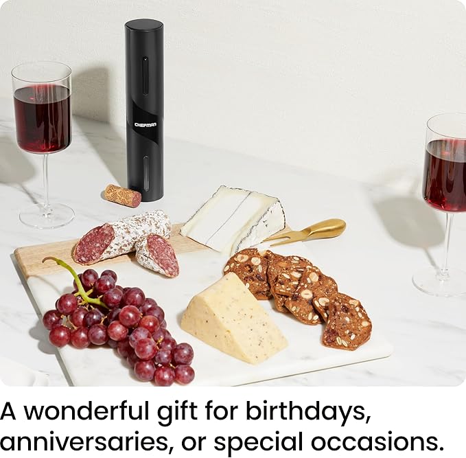 Chefman Electric Wine Opener Makes Opening Bottles Fast, Foolproof, And Fun! Black, Battery-Operated 4-Piece Corkscrew Set Comes With A Foil Cutter, Pourer, And Vacuum Stopper