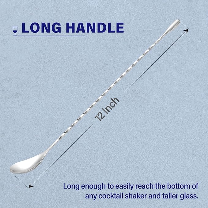 Briout 4 Pieces Bar Spoon, 12 Inches Long Handle Drink Stirrer with Mirror Finished Surface, Stainless Steel Cocktail Mixing Spoons for Drink, Silver
