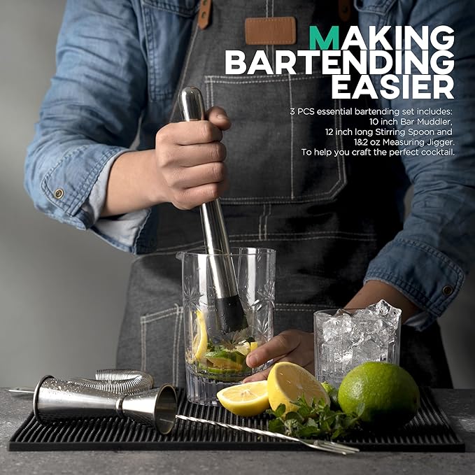 Homestia 3 Pcs Muddler for Cocktails Set, 10'' Muddler, 12'' Cocktail Spoon & 1 OZ/2 OZ Double Jigger Mixing Tool Set, Stainless Steel Silver Bar Tool Set for Beverages Drinks Mixing Home Bar