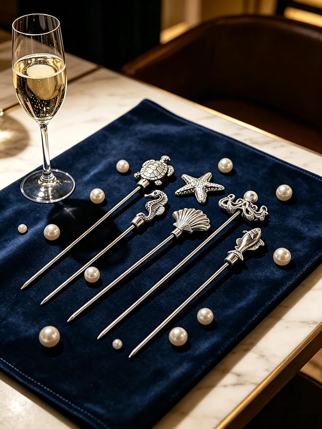 Homestia Ocean Cocktail Picks, 6PCS Stainless Steel Marine Life Martini Picks 4.7 Inch, Sea Turtle Starfish Seahorse Octopus Shell Fish Drink Skewers for Cocktails, Olives, Appetizers