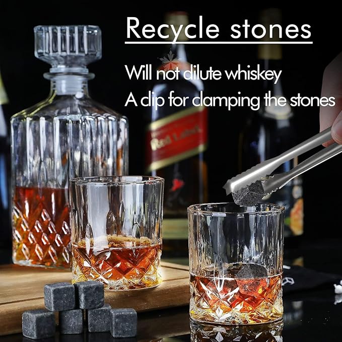 Whiskey Decanter Set for Men, Whiskey Glasses and Decanter with Cooling Stones Clear Glass Whisky Liquor Decanter Set for Whiskey Bourbon Rum Men Fathers'Gift