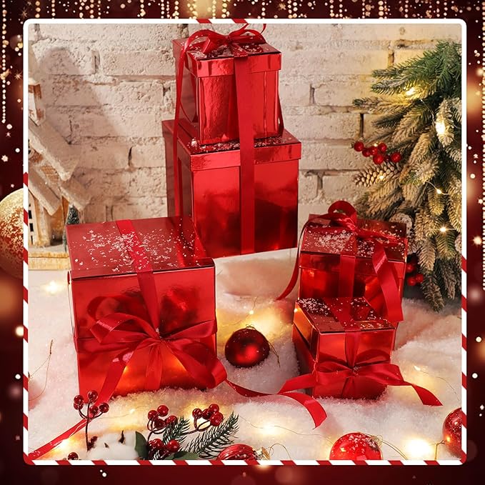 Cholemy 5 Pcs Square Nesting Boxes Decorative Gift Boxes with Lid and Ribbon Assorted Sizes Wrap for Wedding, Carnival, Anniversary, Birthday, Bridal Shower Party Gifts(Shiny Red)