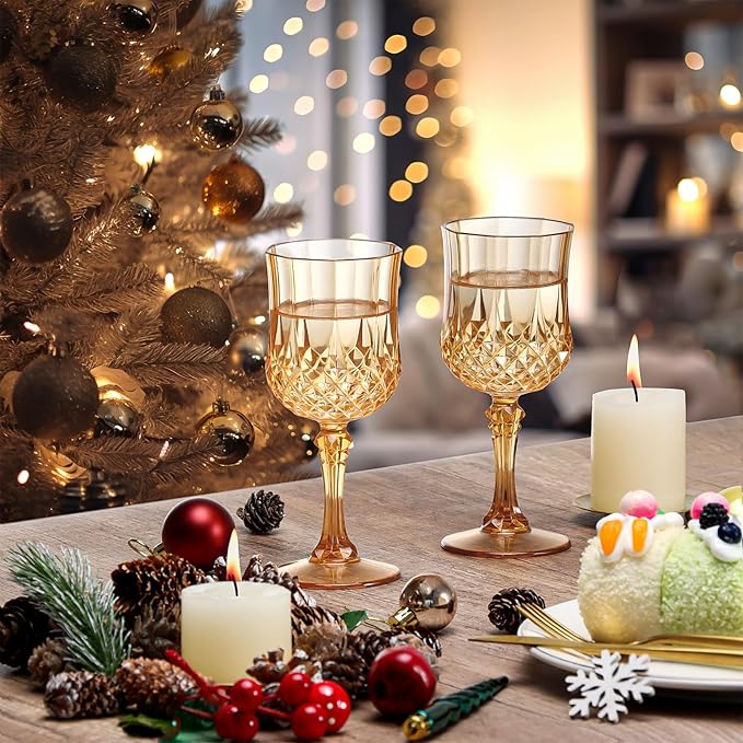 XUWAIDSGN 16 Pcs 7oz Plastic Vintage Wine Glasses Drinking Glasses Unbreakable Wedding Glassware Crystal Water Goblets Reusable Drinkware Vintage Champagne Flutes (16, Amber)