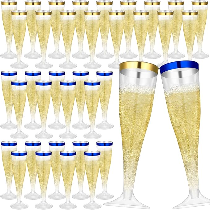 Jingmore 60 Pcs Plastic Champagne Flutes 4.5 oz Clear Disposable Wine Glasses Cocktail Cup Champagne Glass for Wedding Graduation Summer Party Favor Mimosa Bar Supplies (Blue,Gold)