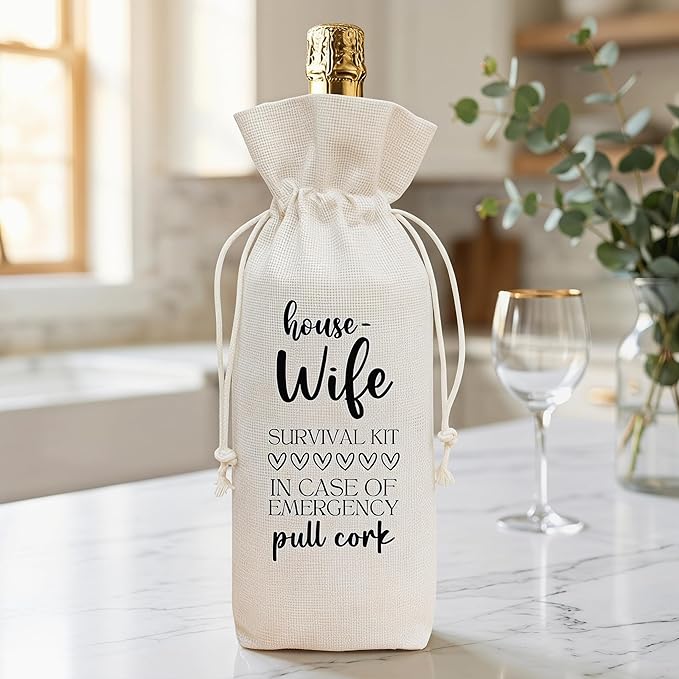 Funny Housewife Survival Kit Wine Bag, Linen Drawstring Wine Bottle Gift Bag, Reusable Wine Pouch for Wife Birthday Anniversary Mother's Day Wedding, 13 x 5.7 Inch - A06
