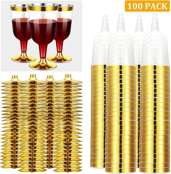 CHENGU 100 Pcs Plastic Wine Glasses 7 oz Gold Rimmed Mini Stemware with Removable Base for Wedding Parties Birthday Anniversary Champagne Toasting(gold)
