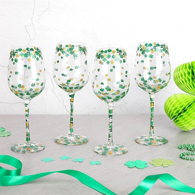 SiliFine 4pcs Green Wine Glasses, 14-17 oz St. Patrick's Day Drinking Cup, Hand Painted Lucky Shamrock Glasses for Party Supplies & Decorations