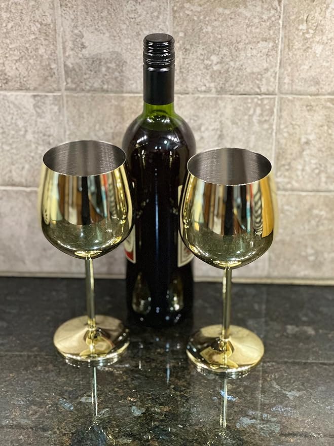 K&K Home Gold Stainless Steel Unbreakable Wine Glasses - 18 oz - Set of 2 Colored, Stemmed Metal Wine Glasses Perfect for Outdoors, Weddings, and Parties (Gold, Set of 2)