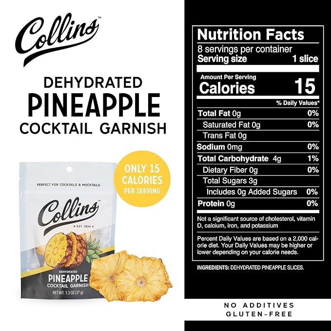 Collins Dehydrated Pineapple Cocktail Garnish Slices, 1.3 oz – Made In USA – Perfect for Piña Coladas, Mai Tais, Mocktails & Desserts – Premium Drink & Food Garnish – 1.3 oz