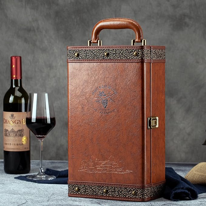 Wine Box, 2 Bottle Leatherette Top Handle with 4 Wine Accessory Travel Wine Gift Box, Handmade Premium Wine Carrier Case
