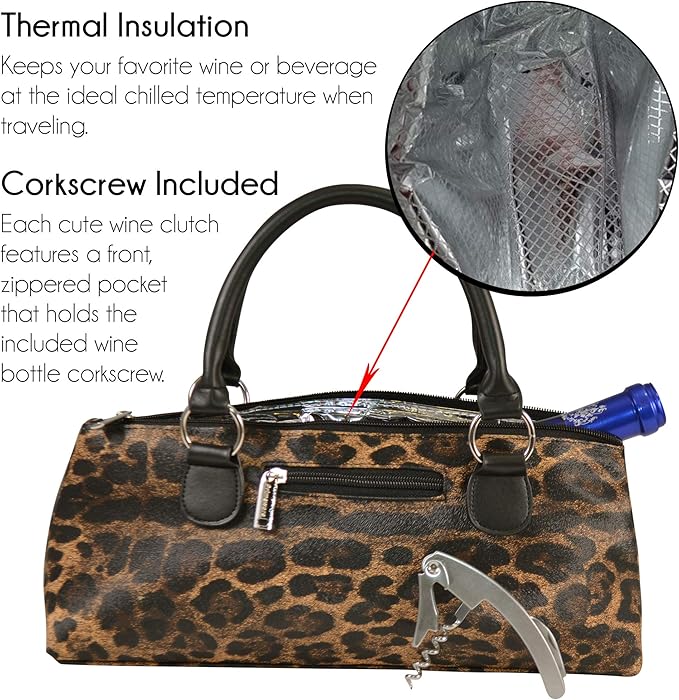 Primeware Wine Clutch Bag (Thermal Insulated) Trendy Women’s Carry Tote | Holds Red & White 750mL Bottles | Trendy Fashion | Incl. Portable Waiter-Style Corkscrew (Cougar)