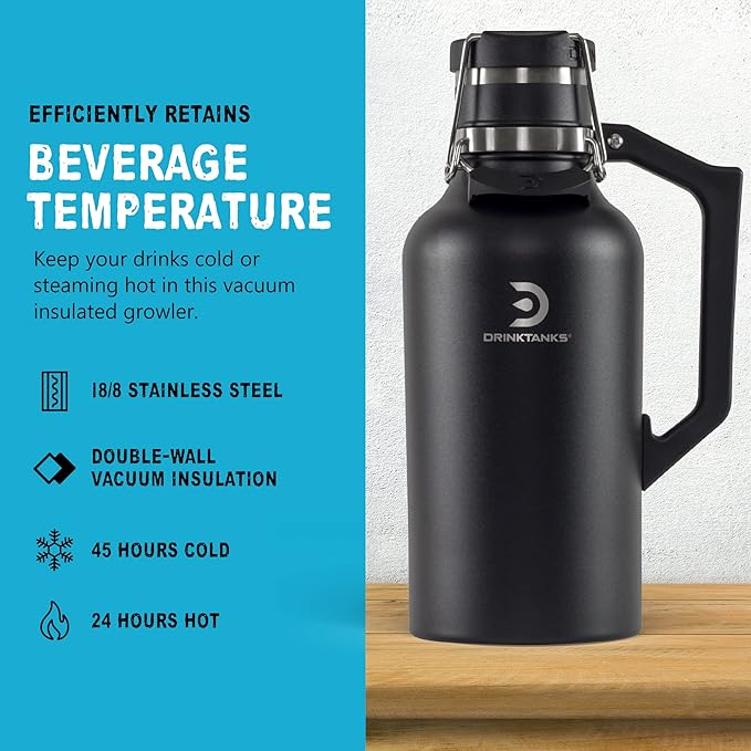 DrinkTanks Craft Growler – 64 oz Vacuum Insulated Stainless Steel Beer Growler with Handle, Leakproof Thermal Beverage Tumbler for Beer, Wine, Coffee, Soda, Kombucha – Reusable & BPA-Free – Obsidian