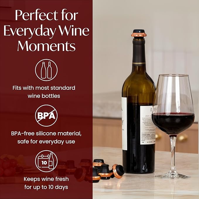 Electric Wine Preserver - Rechargeable Vacuum Saver With Airtight Seal - Automatic Air Remover Pump for 10 Days of Flavor & Freshness - Preservation System (Black & Rose Gold (stoppers only))