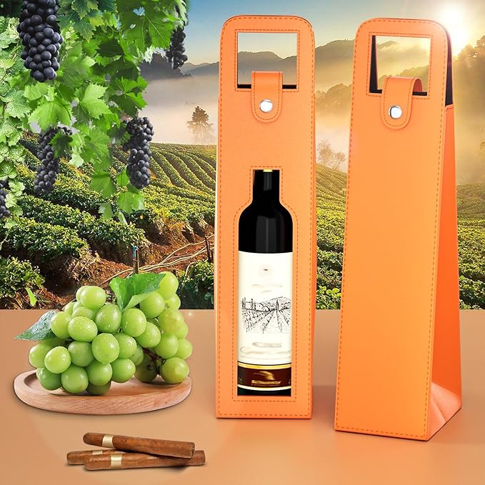 RYDDOY Wine Gift Bag, Reusable Leather Wine Tote Carrier, Single Bottle Champagne Beer Gift Bags Carrier for Birthday, Wedding, Picnic Party, Christmas festival Gifts (Orange)