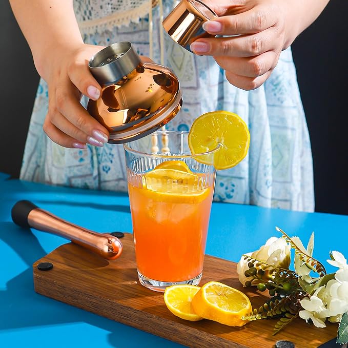 Cocktail Shaker Set - Bartender Shaker Kit with Mixing Tools & Stainless Steel Strainer, Premium Bar Tool Set for Crafting Martinis & Whiskey Cocktails (Rosegold)