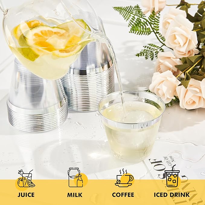 RACETOP 200 Pack 9 oz Silver Plastic Cups Tumbler, Disposable Cups with Silver Rim for Party, Heavy-duty Clear Plastic Wine Glasses, Disposable Wedding Cups