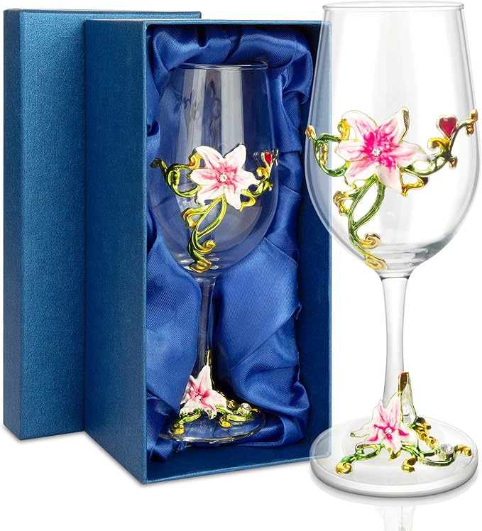 Simcat Handmade Painted Enamel Flower Glass Wine Glasses Transparent Refined Goblet, Stem For Cabernet, Gifts (Single pink gift box,1 Gift Box)