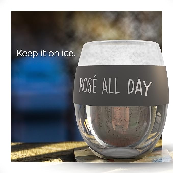 GALVANOX Freezer Chilled Stemless Wine Glass, Double Walled Insulated Frozen Chiller Cup (8.5oz) Fun Wine Lover Gift for Women/Her Rose All Day (Gift Boxed)