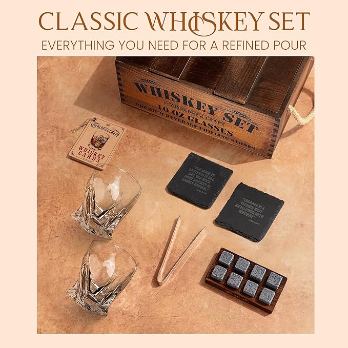 Mixology & Craft Premium Whiskey Set | Two 10oz Cystal Old-Fashioned Glasses, 8 Granite Chilling Stones, Metal Tongs, Recipe Cards in Rustic Wooden Crate Gift Set | Jameson Whiskey