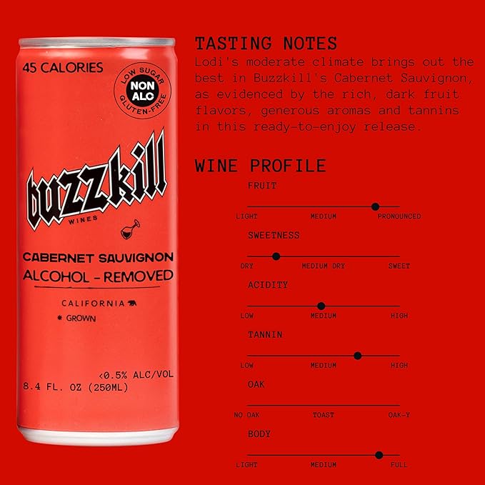Buzzkill Wines - Non-Alcoholic Cabernet Sauvignon | Dealcoholized California Dry Red Wine, Gluten-Free, Alcohol-Free, Low Sugar, 45 Calories, Pack of 4, (8.4 fl. oz. each can) 33.8 FL Oz