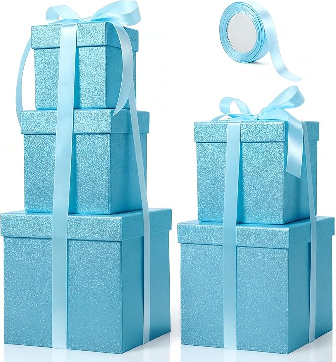 Cholemy 5 Pcs Square Nesting Boxes Decorative Gift Boxes with Lid and Ribbon Assorted Sizes Wrap for Wedding, Carnival, Anniversary, Birthday, Bridal Shower Party Gifts(Light Blue)