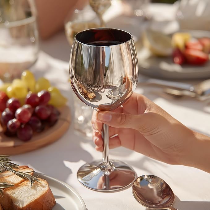 K&K Home Silver Stainless Steel Unbreakable Wine Glasses - 18 oz - Set of 4 Colored, Stemmed Metal Wine Glasses Perfect for Outdoors, Weddings, and Parties