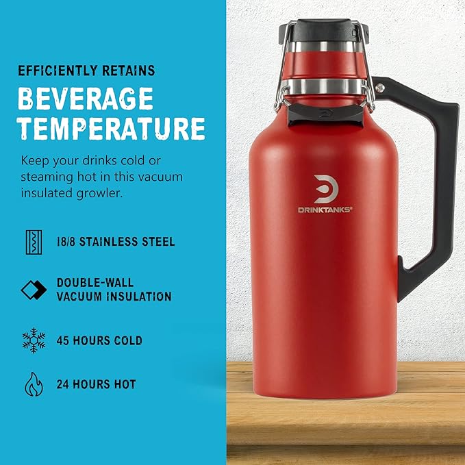 DrinkTanks Craft Growler – 64 oz Vacuum Insulated Stainless Steel Beer Growler with Handle, Leakproof Thermal Beverage Tumbler for Beer, Wine, Coffee, Soda, Kombucha – Reusable & BPA-Free – Crimson