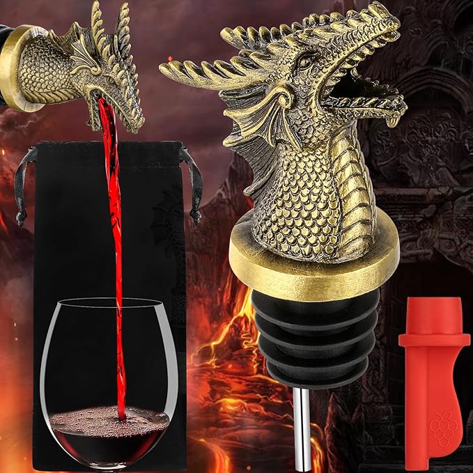 LKKCHER Dragon Head Liquor Pourers Spout for Alcohol Spirits, Dragon Gifts 2-In-1 Wine Bottle Pourer and Stopper for Men Women, Wine Accessories Gifts, Bronze with Bag