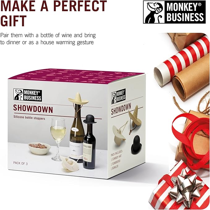 Monkey Business Showdown Silicone Wine Stoppers (Set of 3) – Fun selection of Cowboy Hats: Howdy, elCorko, & Bowler | Food-Grade, Leakproof Novelty Gifts for Wine Lovers