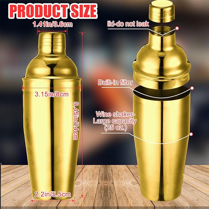Nitial 6 Pcs Bar Cocktail Shaker Professional Stainless Steel Martini Drink Mixer Built-in Strainer for Bartending No Leaks Shaker for Bar Party Drink Mixer (Gold,25 oz)