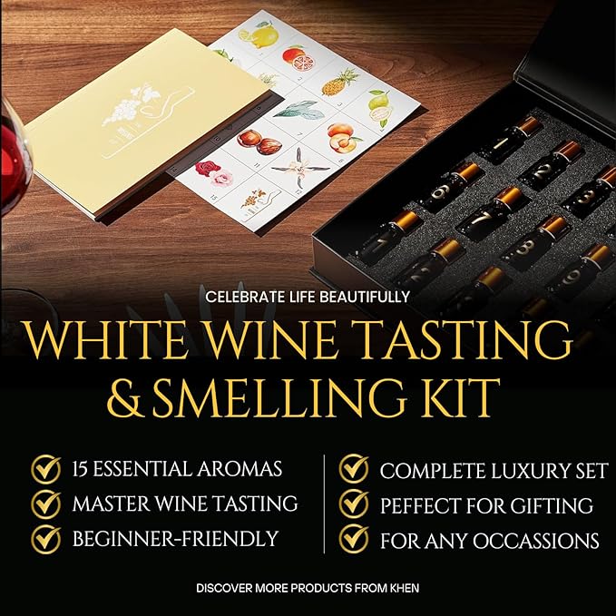 White Wine Aroma Kit - 15 Aromas, Tasting & Smelling Set for White Wines, Training & Educational Gift - Beginners & Sommelier Master, Book & Accessories Guide Included, Wine Game Gifts for Holidays