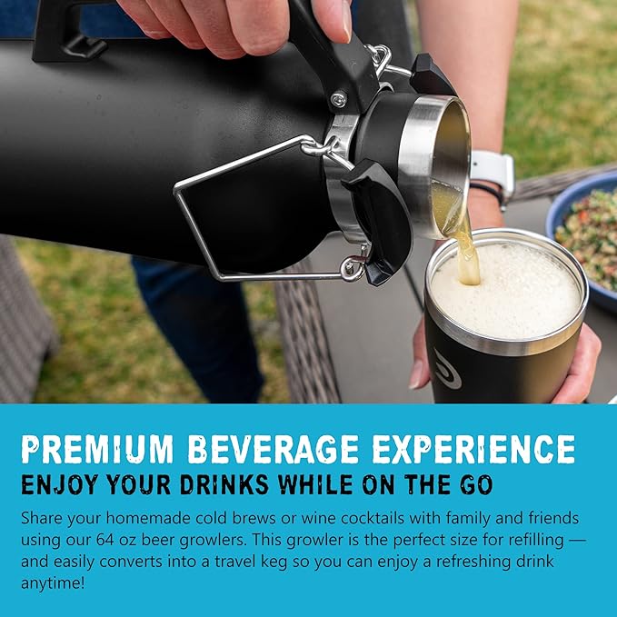 DrinkTanks Craft Growler – 64 oz Vacuum Insulated Stainless Steel Beer Growler with Handle, Leakproof Thermal Beverage Tumbler for Beer, Wine, Coffee, Soda, Kombucha – Reusable & BPA-Free – Obsidian