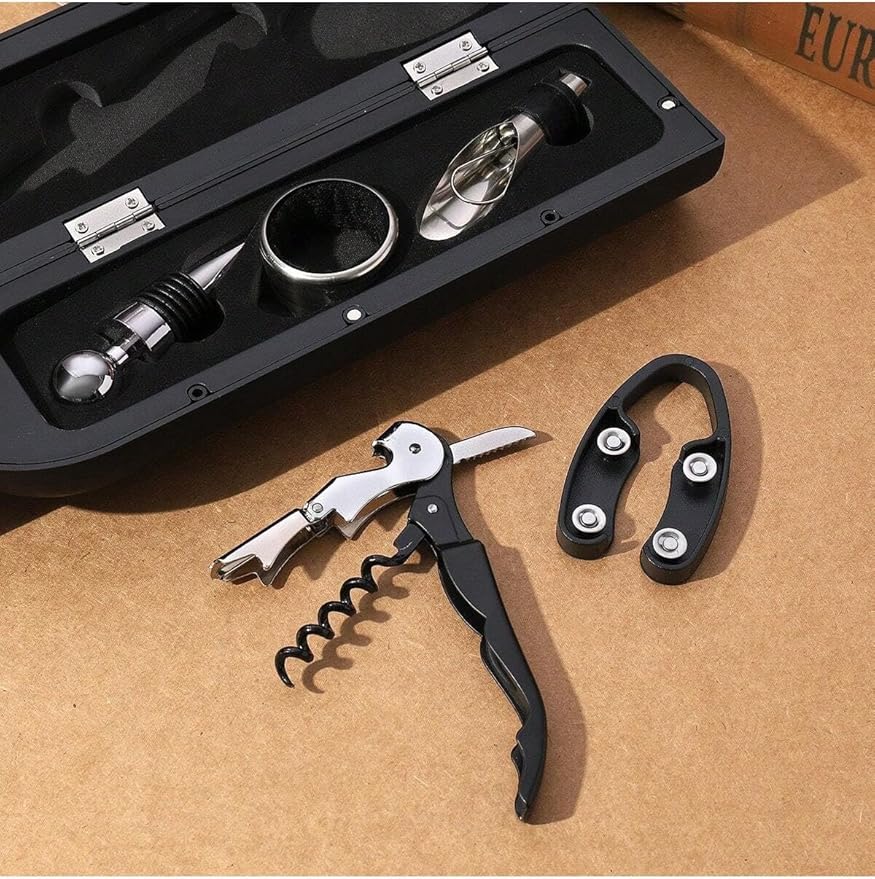 Wine Bottle Shaped Opener Gift Set, 5 Piece Wine Accessories Kit with Corkscrew, Bottle Stopper, Pourer, Foil Cutter, Drip Ring, Black Case, Perfect for Birthday, Wedding, Anniversary, Christmas