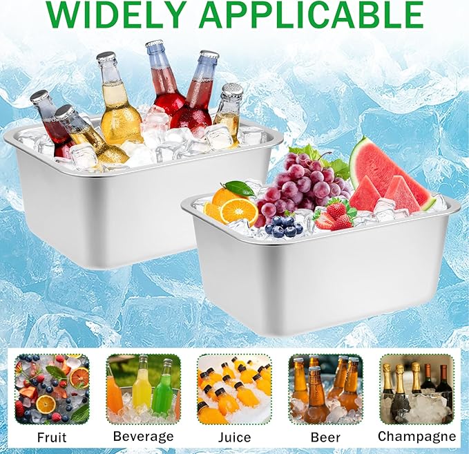 Large Strainless Steel Beverage Tub, Ice Buckets for Parties, Beer Ice Bucket Drink Cooler, Metal Wine Beer Champagne Bucket Drink Chiller, Rectangular Ice Storage Tub Ice Cube Bin for Freezer (2 Pcs)