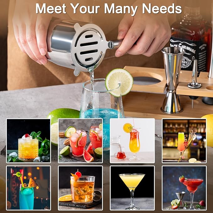 BRIOUT Cocktail Shaker Set Bartender Kit with Stand, Bar Set Drink Mixer Set with All Essential Accessory Tools: Martini Shaker, Jigger, Strainer, Mixer Spoon, Muddler, Liquor Pourers | Silver