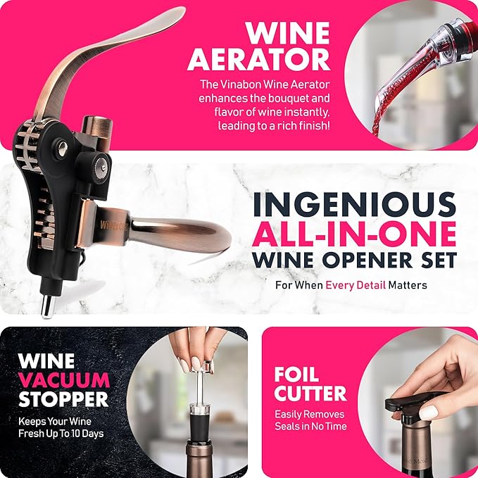 VINABON Wine Opener Set - Updated 2026 All-in-One Wine Bottle Opener Set with Wine Aerator, Foil Cutter, Stopper, Stand - Manual Lever Corkscrews Wine Opener for Wine Bottles with WineGuide eBook