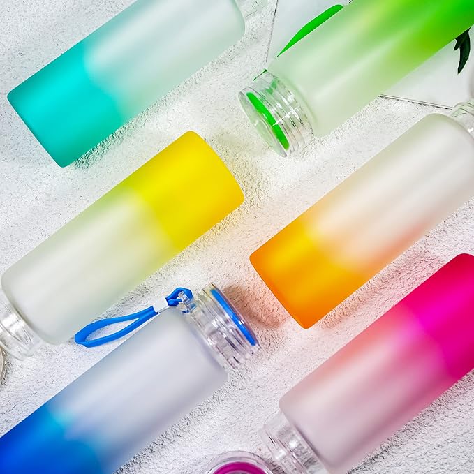 AGH 16oz Sublimation Glass Cups 6 Pack Color Frosted Sublimation Glass Tumblers with Colored Carrying Handle Lids,6 Color Gradient Glasses,Suitable for Cold or Cot Drinks,Easy to Carry