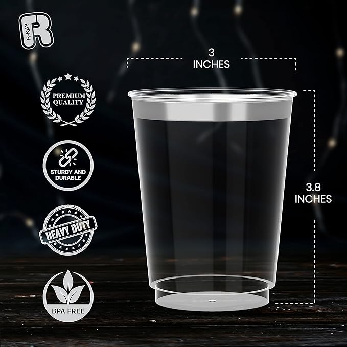 R-kay Silver Plastic Cups, Heavy Duty 10 OZ Silver Disposable cups, 50 Pack Plastic cocktail Glasses Heavy Duty Party Cups