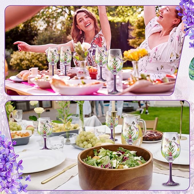 SiliFine 4 Pcs Mother's Day Party Stemmed Wine Glasses Hand Painted Purple Lavender Butterfly Drinking Cup Wine Glasses Gifts for Women Spring Birthday Theme Holiday Party Supplies