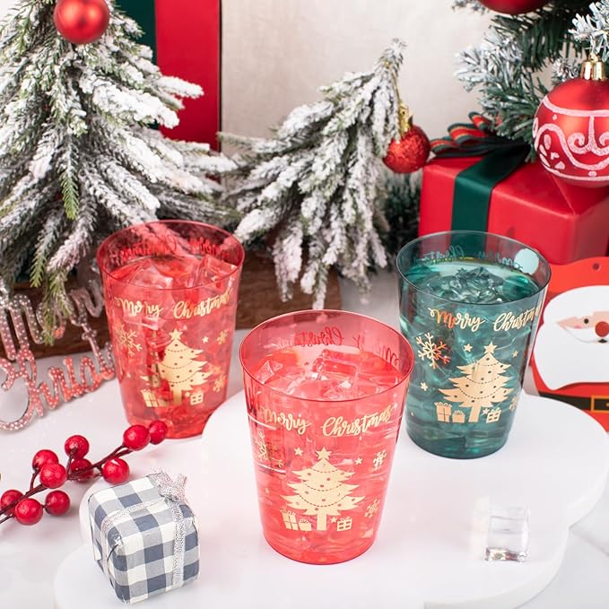 DaYammi 60 Pack Gold Christmas Plastic Cups Disposable, 10 Oz Clear Red Plastic Cups and Green Cups,30 Red Gold Tree Tumblers, 30 Hard Green Cup Bulk for Christmas Party