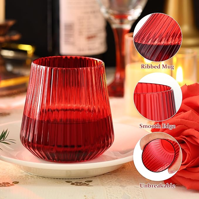 24 Pack Red Plastic Wine Cups for Party, 14oz Disposable Stemless Ribbed Wine Glasses for Christmas, Unbreakable Outdoor Cocktail Glasses, Heavy Duty Reusable Plastic Drinking Cup for Mimosa Bar