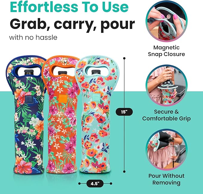 Made Easy Kit Insulated Wine Tote - Neoprene Wine Carrier Bag with Magnetic Handle Clasp - Wine Bottle Protective Travel Bag - Perfect for Gifting Travel or Gift Bag - Set of 3 (Floral Patterns)
