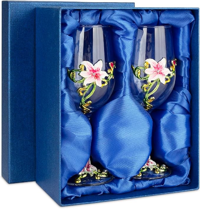Simcat Handmade Painted Enamel Flower Glass Wine Glasses Transparent Refined Goblet, Stem For Cabernet, Gifts (Double pink gift box,2 Gift Box)
