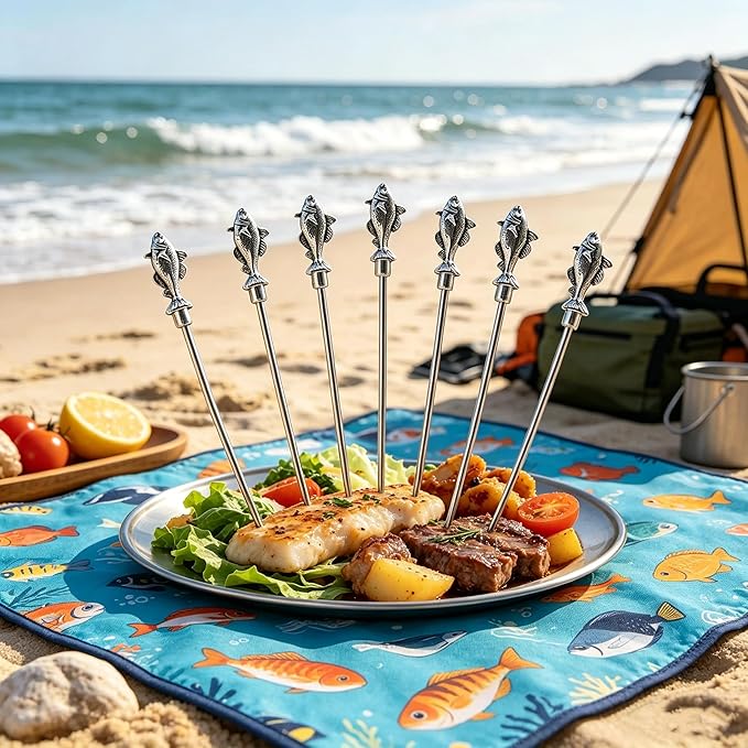 Homestia Fish Cocktail Picks, 6PCS Stainless Steel Vintage Fish Martini Picks 4.6 Inch, Reusable Metal Drink Skewers for Cocktails, Olives, Appetizers, Nautical Bar Accessories