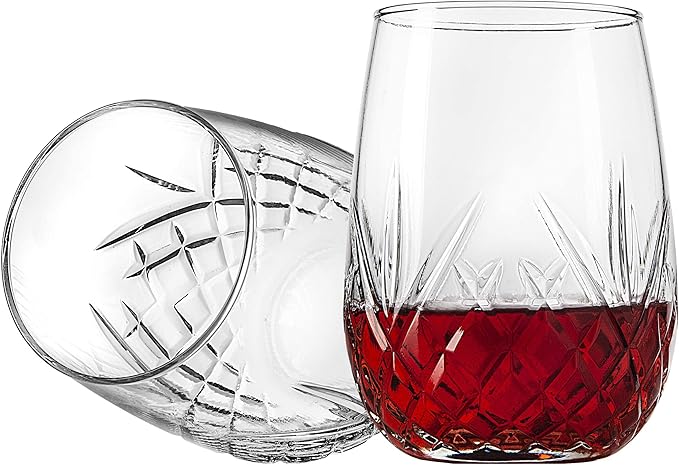 Godinger Wine Glasses Stemless Goblet Beverage Cups, Italian Made - Dublin Collection, 16oz, Set of 4
