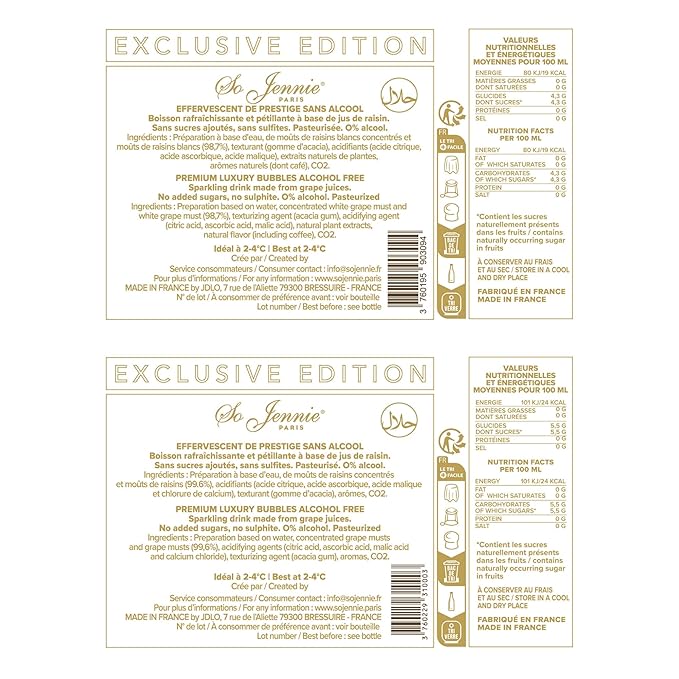 So Jennie Paris Non-Alcoholic Blanc Dry Sparkling Champagne Alternative - Certified Halal, Low Calorie, Sulfite Free - No Preservatives, No Added Sugar (750ml, 1 Bottle)