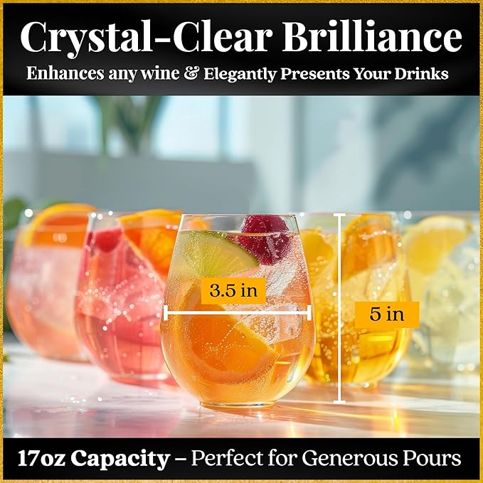 Improved Design of Our 2017 New York Times Best Stemless Glass – Set of 4 European-Made Stemless Wine Glasses, Reinforced Base for Added Stability & Premium Feel, Dishwasher-Safe, Lead-Free, 17 oz.